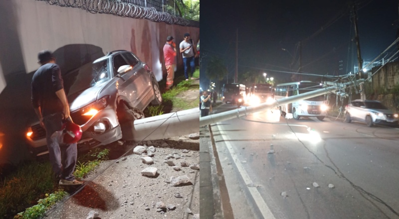 Motorista derruba poste e bloqueia trânsito na avenida das Torres