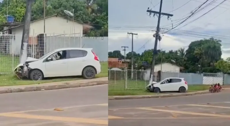 Carro em alta velocidade colide contra poste em Iranduba