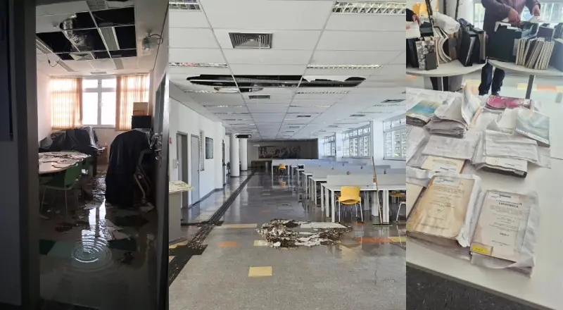 Após teto desabar, funcionários salvam livros da biblioteca USP