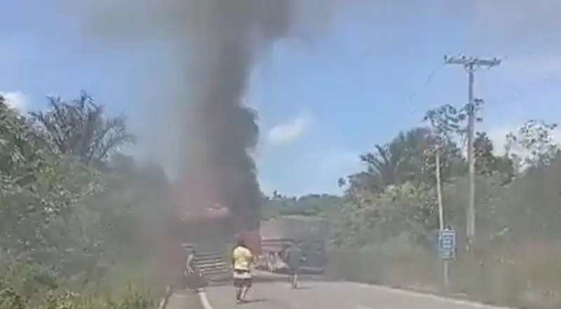 Carreta pega fogo, causa bloqueio total na BR-174 e alerta