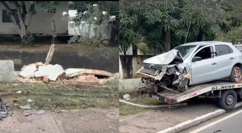 Carro destrói muro do Exército e causa caos no trânsito local