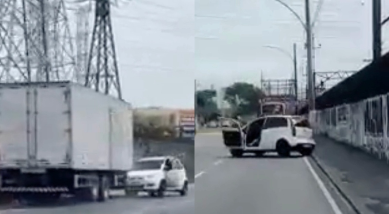 Briga de trânsito termina com carro arrastado por caminhão e chaos