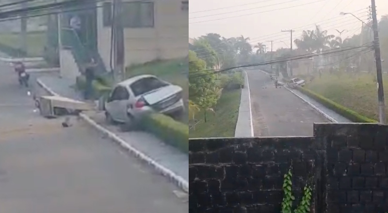Carro desgovernado invade condomínio e fere duas pessoas gravemente